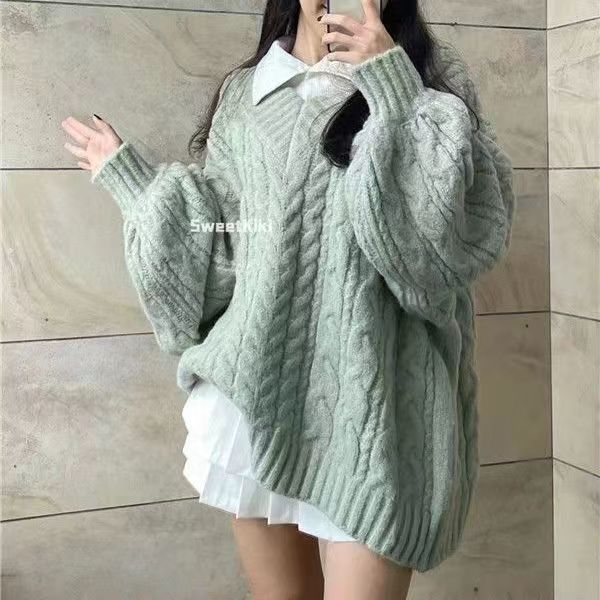 Territory college outfits Lazy Style Retro Thickened V-neck Loose Gray Twist Sweater Female Students Autumn and Winter Korean Style All-Match Sweater Fashion