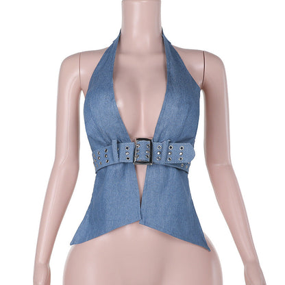 Territory barn jacket outfits Summer 2024 New Hot Girl Vest Ins Style Sexy Halter Belt Imitation Denim Top