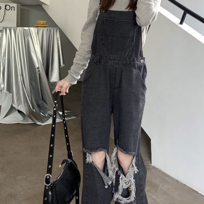 Territory guys clothing styles Black and Gray Ripped Denim Suspender Pants Women's Korean-Style High Waist Loose Slimming Straight Wide-Leg Pants