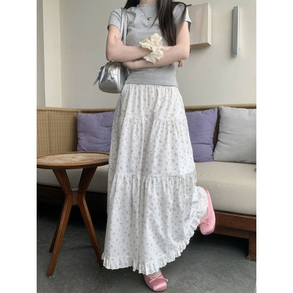 Territory 90s fashion Sweet Floral Wooden Ear Cake Skirt Women's Summer Skirt Slimming High Waist A- line Skirt Mid-Length Umbrella Skirt