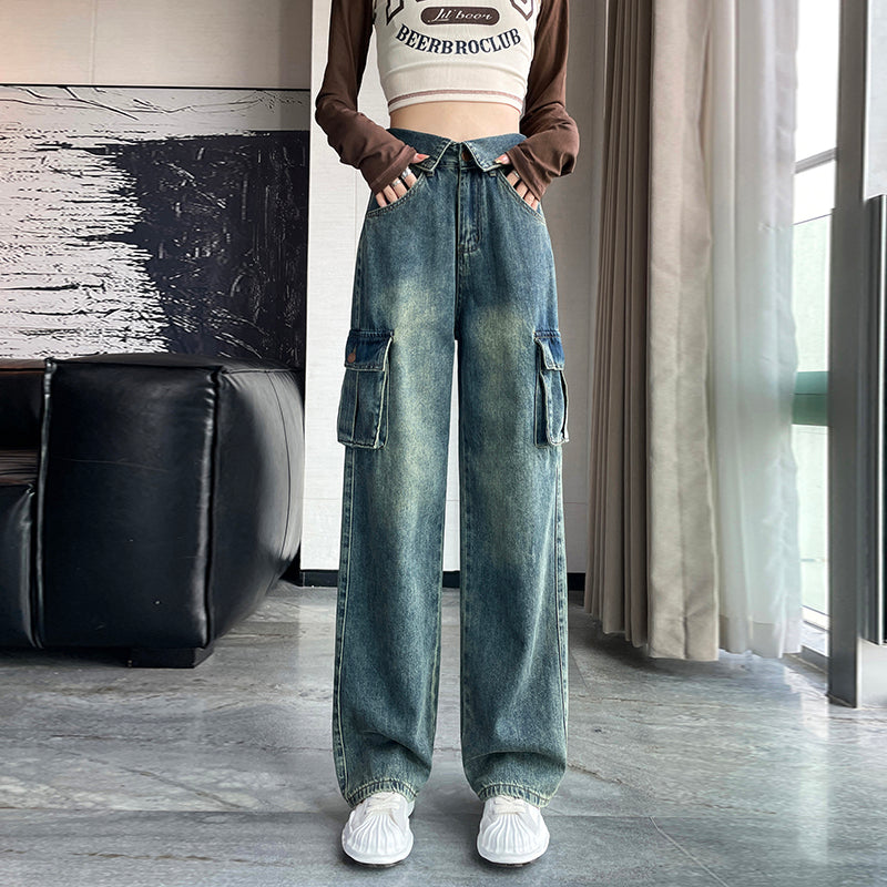 Territory 90s streetwear American Retro Workwear Jeans Women's Spring and Autumn Sweet Cool High Waist Flanging Drape Loose Straight Wide Leg Pants