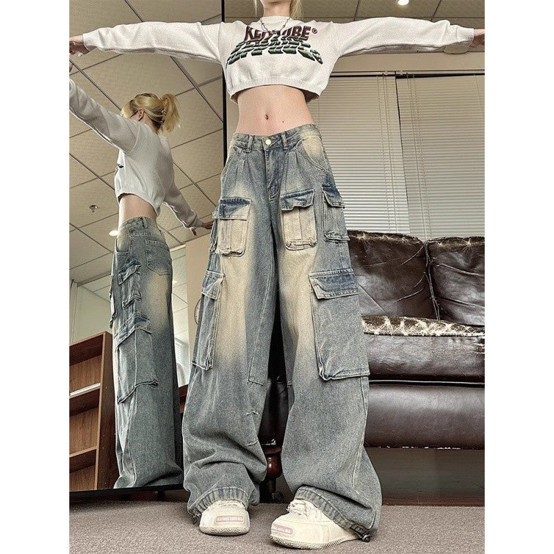 Territory 90s streetwear American Retro High Street Wide Leg Workwear Jeans Women's Autumn New Low Waist Design Loose Slimming Pants Fashion