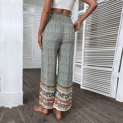 PEOPLETERRITORY New Popular trade popular new hot-selling 2025 summer printing pants Bohemian elastic wide-leg pants