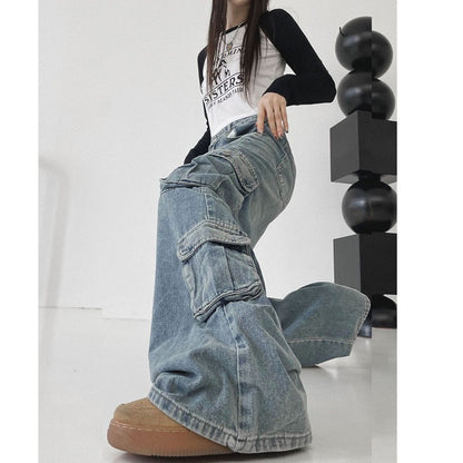 Territory 90s streetwear High Street Retro Multi-Pocket Workwear Jeans for Women Spring and Autumn New Versatile Loose Straight Mop Casual Trousers Fashion