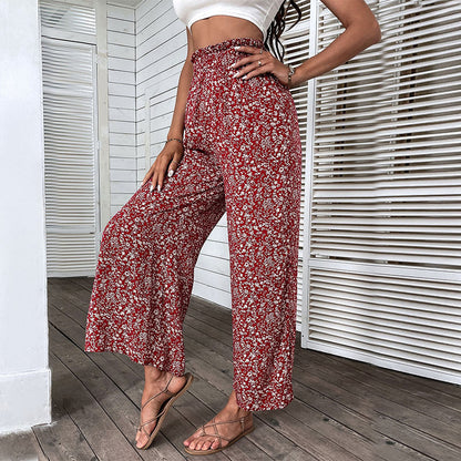 PEOPLETERRITORY new product popular 2025 women's clothing printed pants human cotton high waist nine-point split wide-leg pants