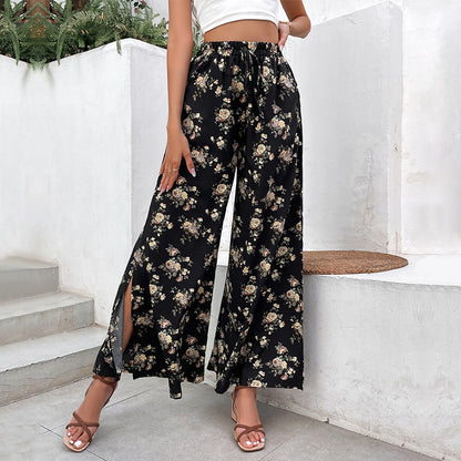 PEOPLETERRITORY Popular trade split-ended long pants popular summer new 2025 New women's pants horn-printed wide-leg pants