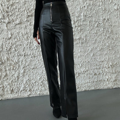 PEOPLETERRITORY 2025 leather casual pants, autumn and winter high-waisted and thin casual straight-leg pants PU wide-leg leather pants solid color split ends