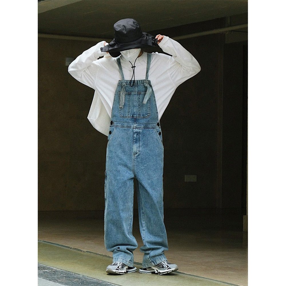 Territory 90s streetwear Early Autumn New Style American Retro High Waist Wide Leg Denim Suspender Pants Loose Slimming Washed Age-Reducing Mopping Trousers for Women