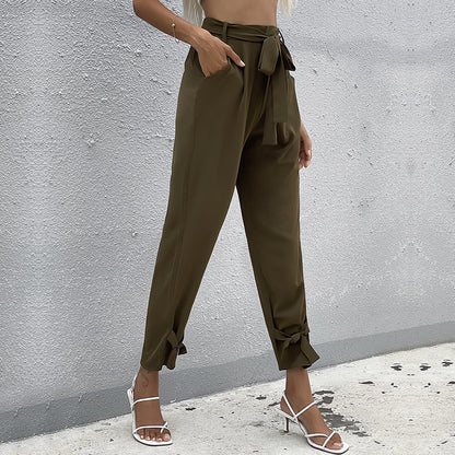 PEOPLETERRITORY New Popular trade 2023 summer new casual solid color high waist lace-up 2025 foot pants women's wholesale