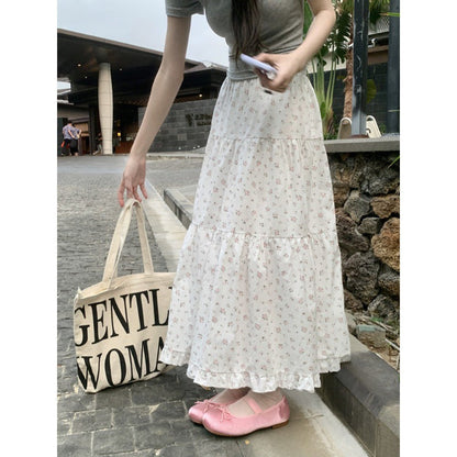 Territory 90s fashion Sweet Floral Wooden Ear Cake Skirt Women's Summer Skirt Slimming High Waist A- line Skirt Mid-Length Umbrella Skirt