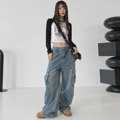 Territory 90s streetwear High Street Retro Multi-Pocket Workwear Jeans for Women Spring and Autumn New Versatile Loose Straight Mop Casual Trousers Fashion