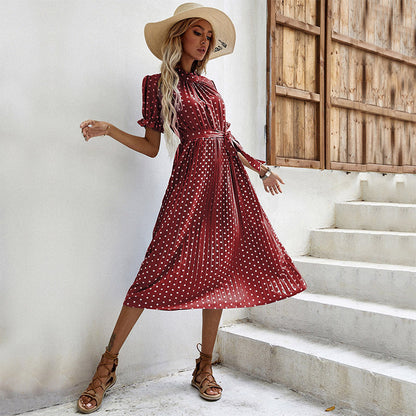 PEOPLETERRITORY New spring and summer new 2025 medium and long short-sleeved polka dot lace-up pleated women's dress