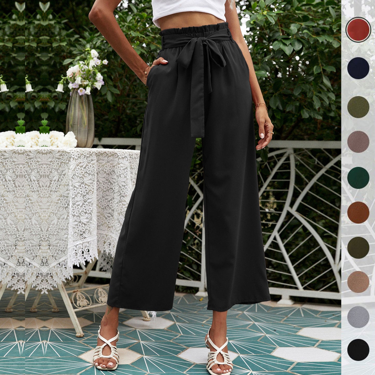 PEOPLETERRITORY New Popular trade summer new high-waisted pants 2025 nine-point casual bud strap wide-leg pants women