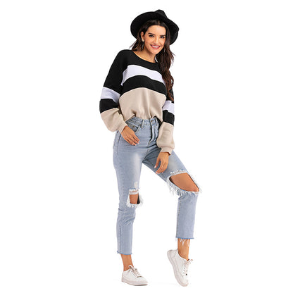 PEOPLETERRITORY popular Spring and Autumn New 2025 Crew Neck Knitted Striped Contrast Color Long Sleeve Bottom Sweater Women's Short Pullover