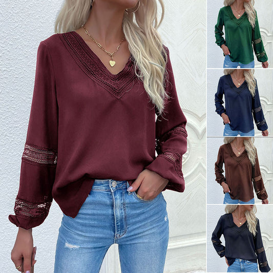 PEOPLETERRITORY New women's clothing popular spring and autumn long-sleeved shirt splicing lace pullover V-neck hollow design shirt