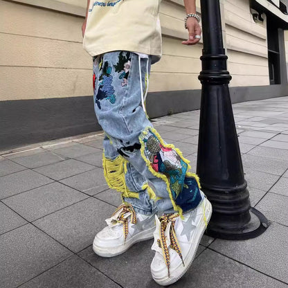 Territory drip outfit men High Street American Contrast Color Patch Bird Plum Embroidery Worn Niche Jeans Men's and Women's Same Loose Trousers