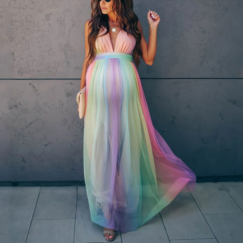 Territory colors of the rainbow dress to impress Spring and Summer New Pregnant Mother Pregnant Women Large Swing Mesh Rainbow Printing Dress