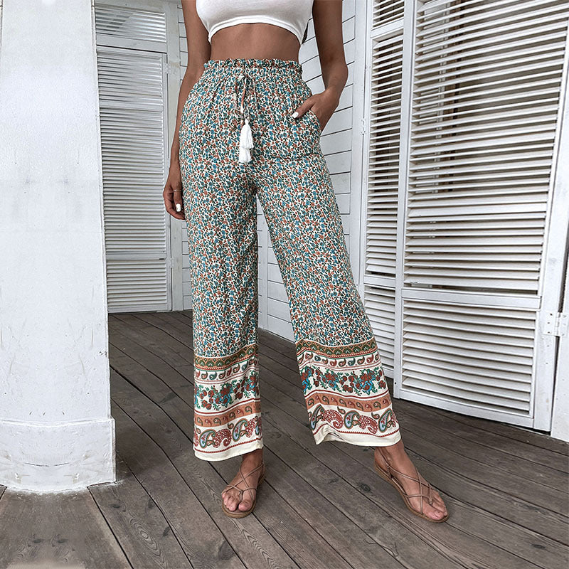 PEOPLETERRITORY New Popular trade popular new hot-selling 2025 summer printing pants Bohemian elastic wide-leg pants