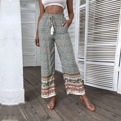 PEOPLETERRITORY New Popular trade popular new hot-selling 2025 summer printing pants Bohemian elastic wide-leg pants