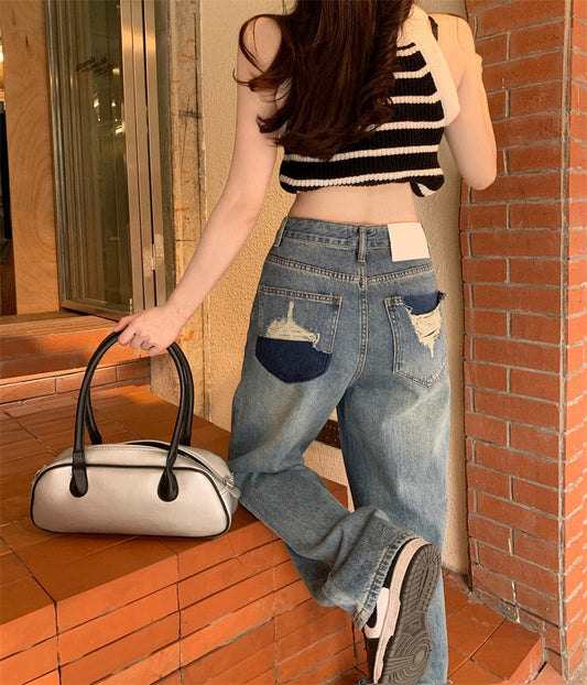 Territory 90s streetwear High Waist Wide Leg Women's Denim Pants Summer Thin New Elegant Retro Loose Straight Mop Pants