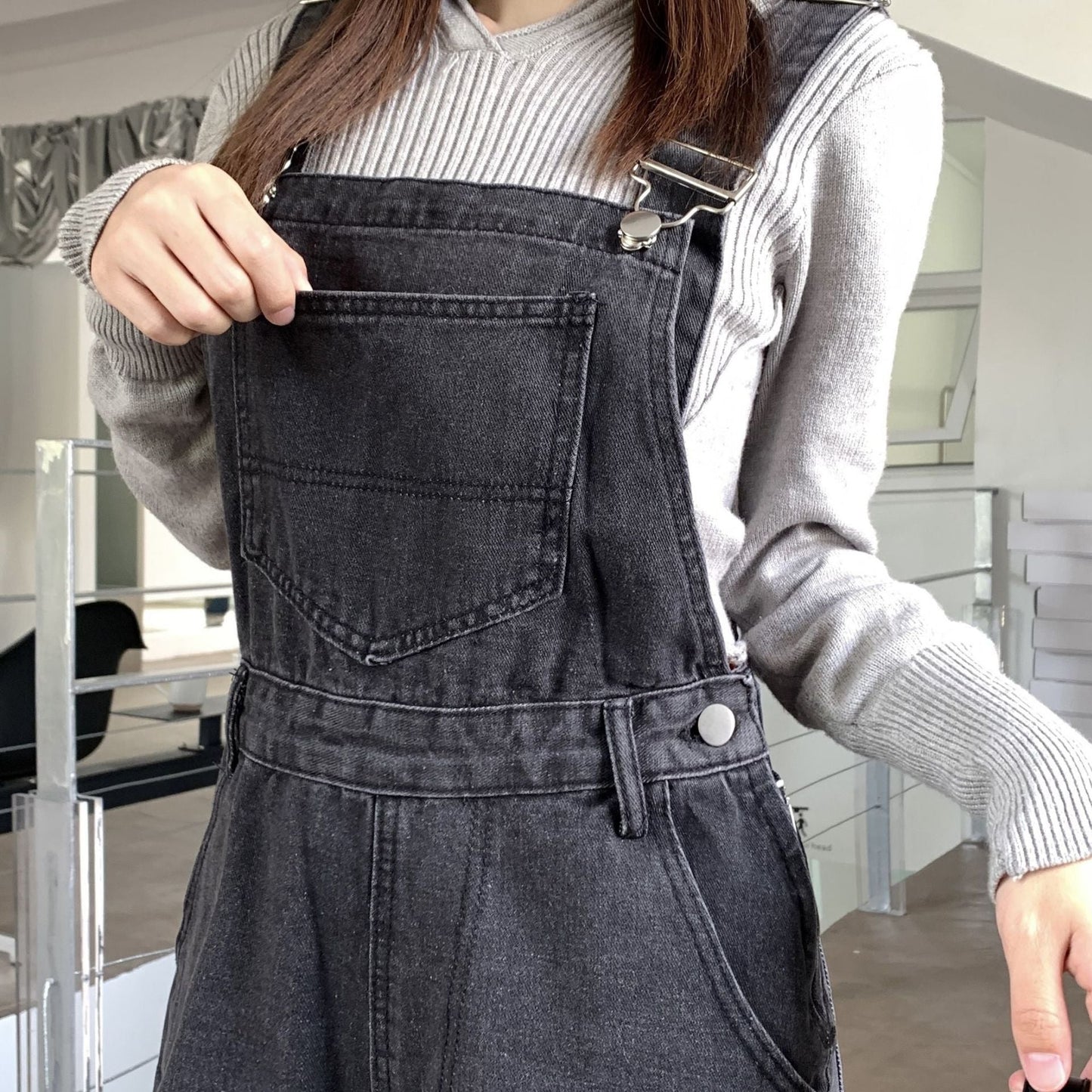 Territory guys clothing styles Black and Gray Ripped Denim Suspender Pants Women's Korean-Style High Waist Loose Slimming Straight Wide-Leg Pants