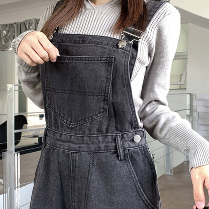 Territory guys clothing styles Black and Gray Ripped Denim Suspender Pants Women's Korean-Style High Waist Loose Slimming Straight Wide-Leg Pants