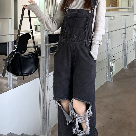 Territory guys clothing styles Black and Gray Ripped Denim Suspender Pants Women's Korean-Style High Waist Loose Slimming Straight Wide-Leg Pants