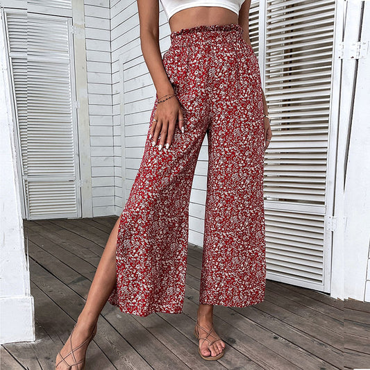 PEOPLETERRITORY new product popular 2025 women's clothing printed pants human cotton high waist nine-point split wide-leg pants