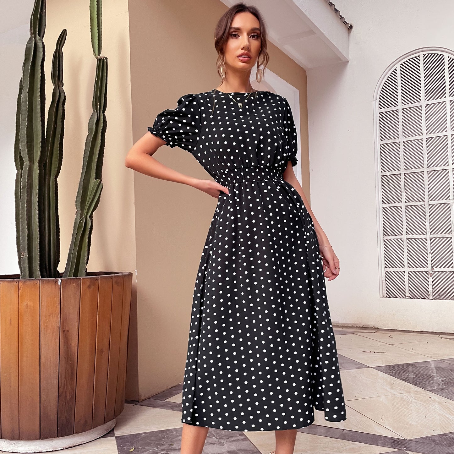 PEOPLETERRITORY New summer new 2025 popular medium and long dresses retro short-sleeved polka dot dresses cross-border pocket skirts