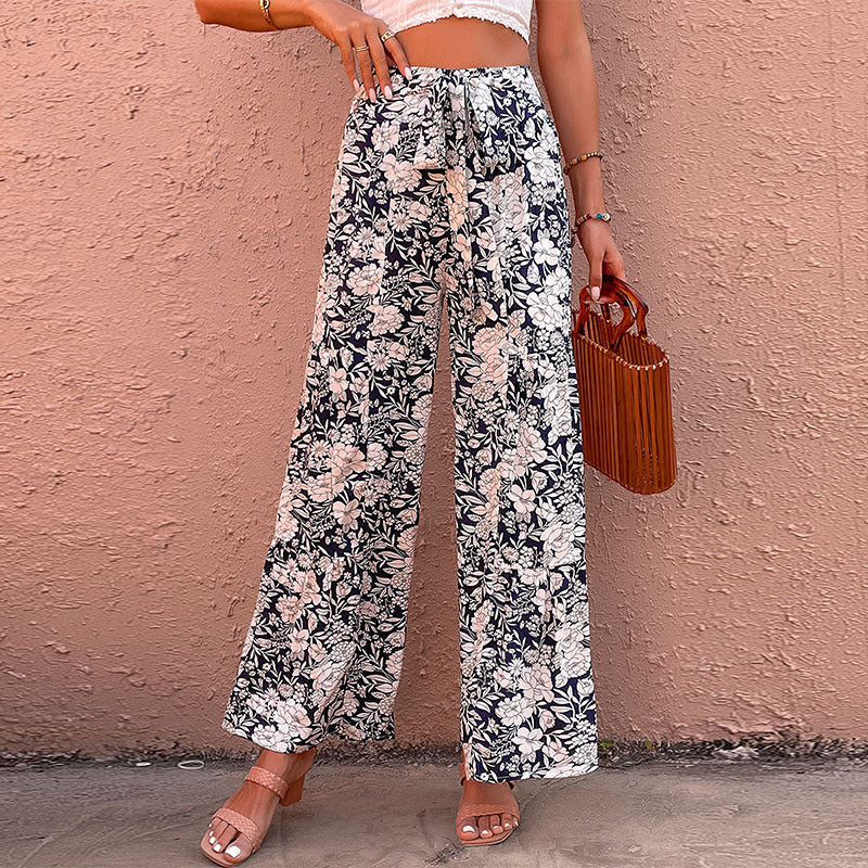 PEOPLETERRITORY New Cross-border popular Summer New 2025 Women's Clothing Pants Printed High Waist Micro Flared Pants Women