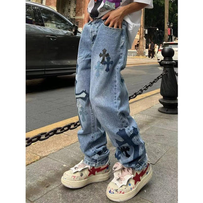 Territory 90s streetwear American High Street Original Patch Cross Embroidered Jeans Men's and Women's National Fashion All-Match Slim Slimming Long Pants Fashion