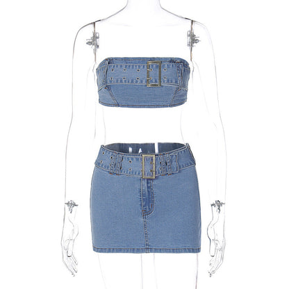 Territory frat outfits Women's 2024 Summer New Fashion Sexy Denim Tube Top Slim Skirt Suit