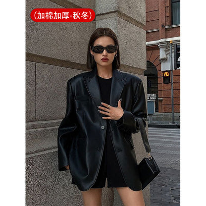 Territory frat outfits Women's Leather Suit Jacket 2024 Autumn and Winter Advanced Texture Loose PU Leather Suit