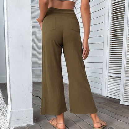 PEOPLETERRITORY New Cross-border New popular Summer 2025 Nine-point Pants High Waist Cotton and Linen Slim-fit Micro Flared Pants Women