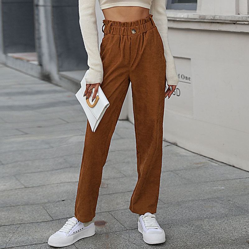 PEOPLETERRITORY New new autumn and winter 2025 2025 trade casual elastic nine-point pants  commuter corduroy straight pants women