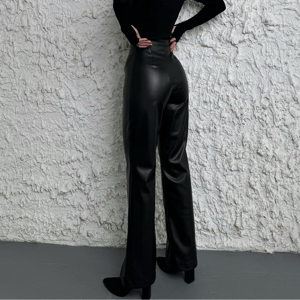 PEOPLETERRITORY 2025 leather casual pants, autumn and winter high-waisted and thin casual straight-leg pants PU wide-leg leather pants solid color split ends