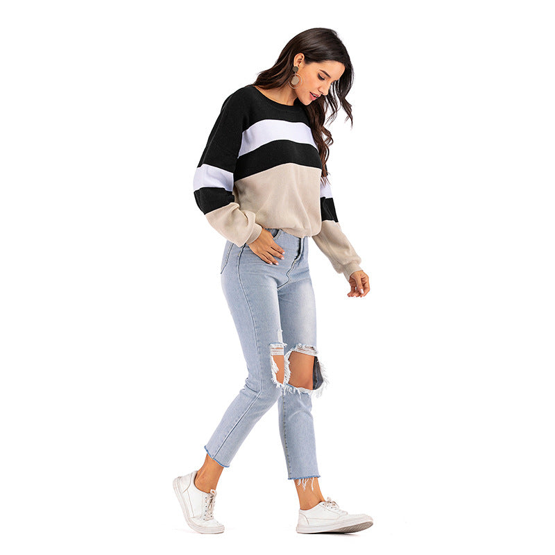 PEOPLETERRITORY popular Spring and Autumn New 2025 Crew Neck Knitted Striped Contrast Color Long Sleeve Bottom Sweater Women's Short Pullover