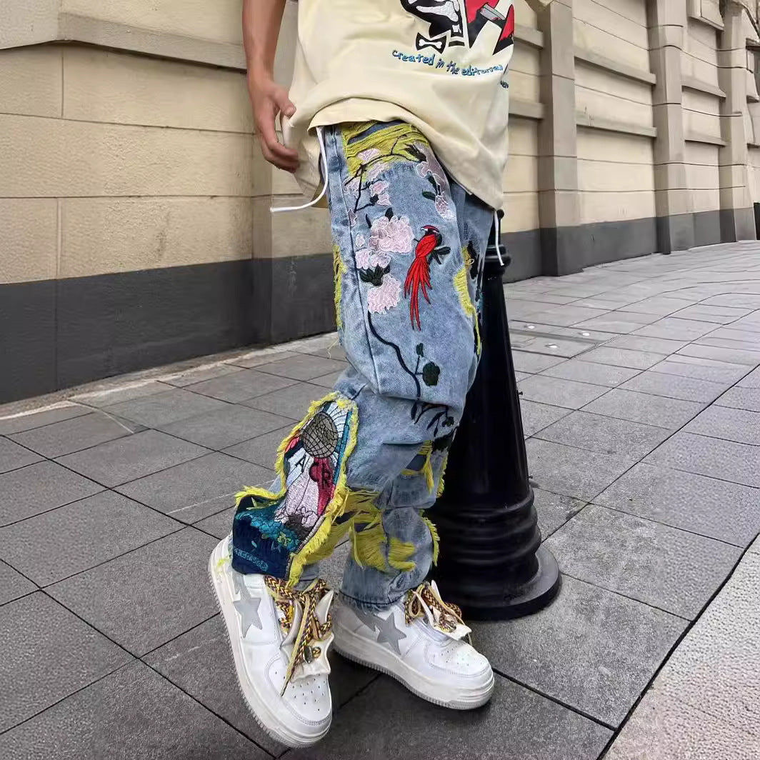 Territory drip outfit men High Street American Contrast Color Patch Bird Plum Embroidery Worn Niche Jeans Men's and Women's Same Loose Trousers