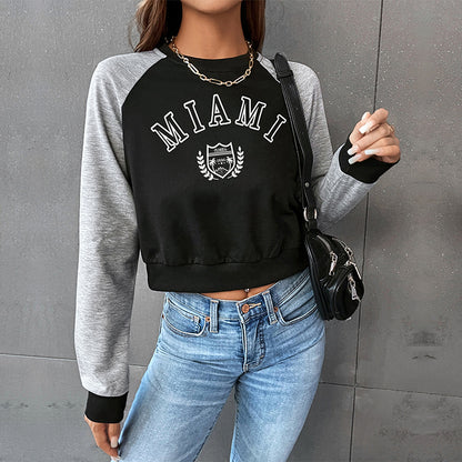 PEOPLETERRITORY popular new spring leisure sports college style 2025 color matching short navel round neck letter pullover sweater women