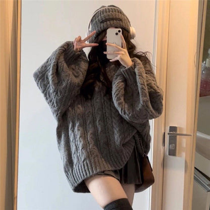 Territory college outfits Lazy Style Retro Thickened V-neck Loose Gray Twist Sweater Female Students Autumn and Winter Korean Style All-Match Sweater Fashion