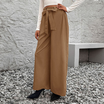 PEOPLETERRITORY popular  autumn new solid color lace-up high-waisted straight wide-leg pants simple high-end versatile trousers women