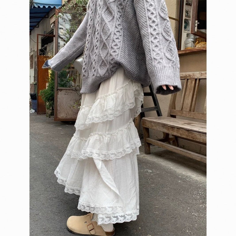 Territory hipster dress to impress Sweet White Lace Stitching Skirt for Women Spring New Fashion Niche Chic Long Skirt