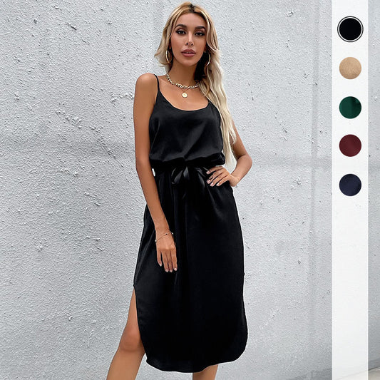 PEOPLETERRITORY New spring and summer 2025 trade cross-border women's clothing  new skirt solid color casual split suspender dress