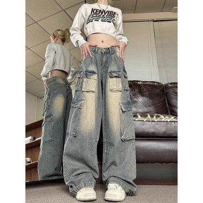 Territory 90s streetwear American Retro High Street Wide Leg Workwear Jeans Women's Autumn New Low Waist Design Loose Slimming Pants Fashion