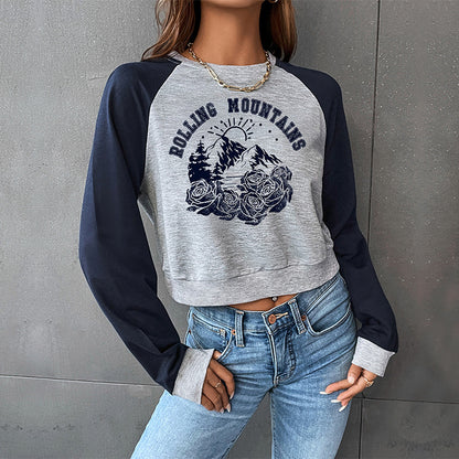 PEOPLETERRITORY popular new spring and autumn college style shoulder sleeves BM 2025 Popular trade color matching short navel round neck pullover sweater