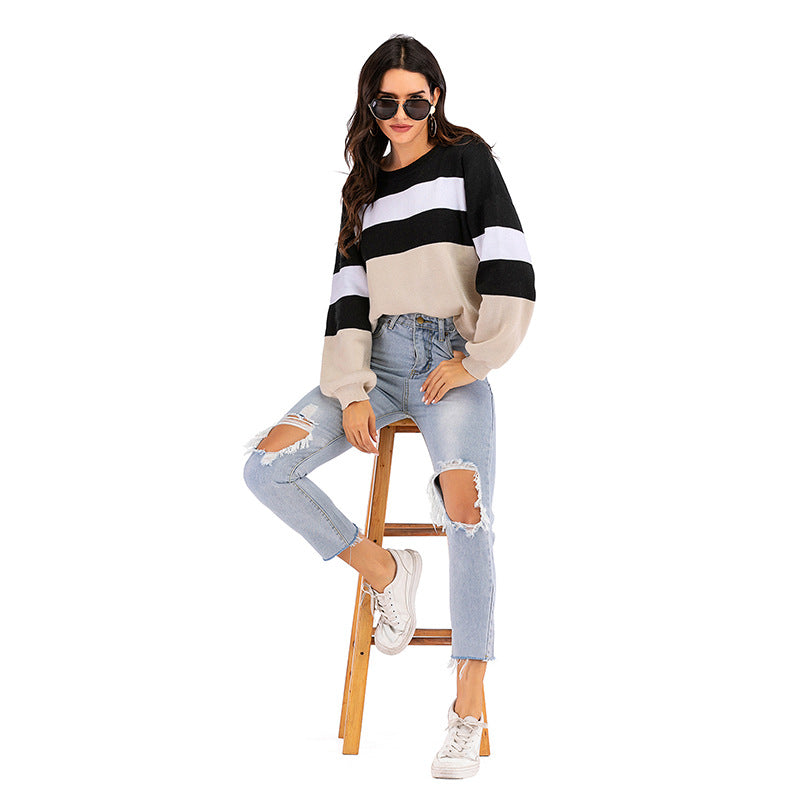 PEOPLETERRITORY popular Spring and Autumn New 2025 Crew Neck Knitted Striped Contrast Color Long Sleeve Bottom Sweater Women's Short Pullover