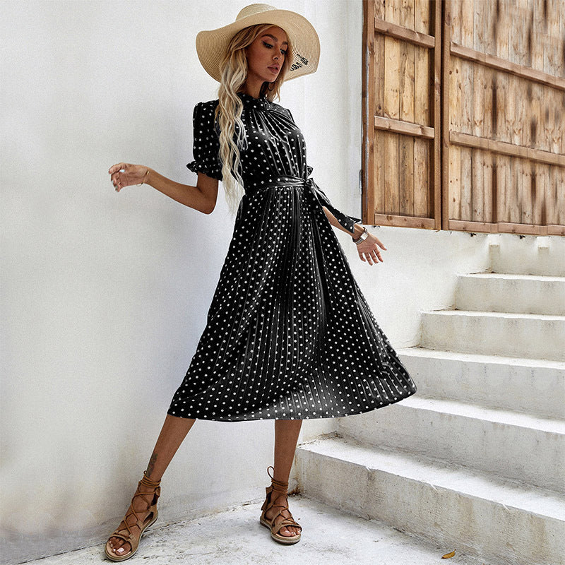 PEOPLETERRITORY New spring and summer new 2025 medium and long short-sleeved polka dot lace-up pleated women's dress