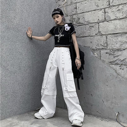 Territory concert outfit Women's Wide-Leg Pants Korean-Style Ins Retro White Pants Overalls High Waist Loose Straight Pants for Students Fashionable Mopping Pants