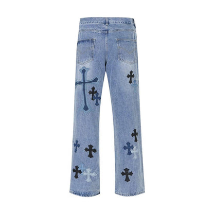 Territory 90s streetwear American High Street Original Patch Cross Embroidered Jeans Men's and Women's National Fashion All-Match Slim Slimming Long Pants Fashion