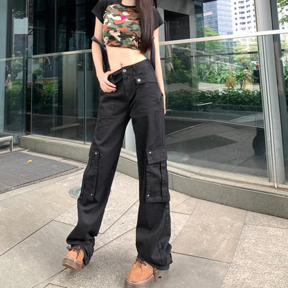 Territory outfit inspo Retro Black Workwear Jeans Women's Summer Straight Wide-Leg Trousers Niche Multi-Pocket Washed Mop Pants Fashion